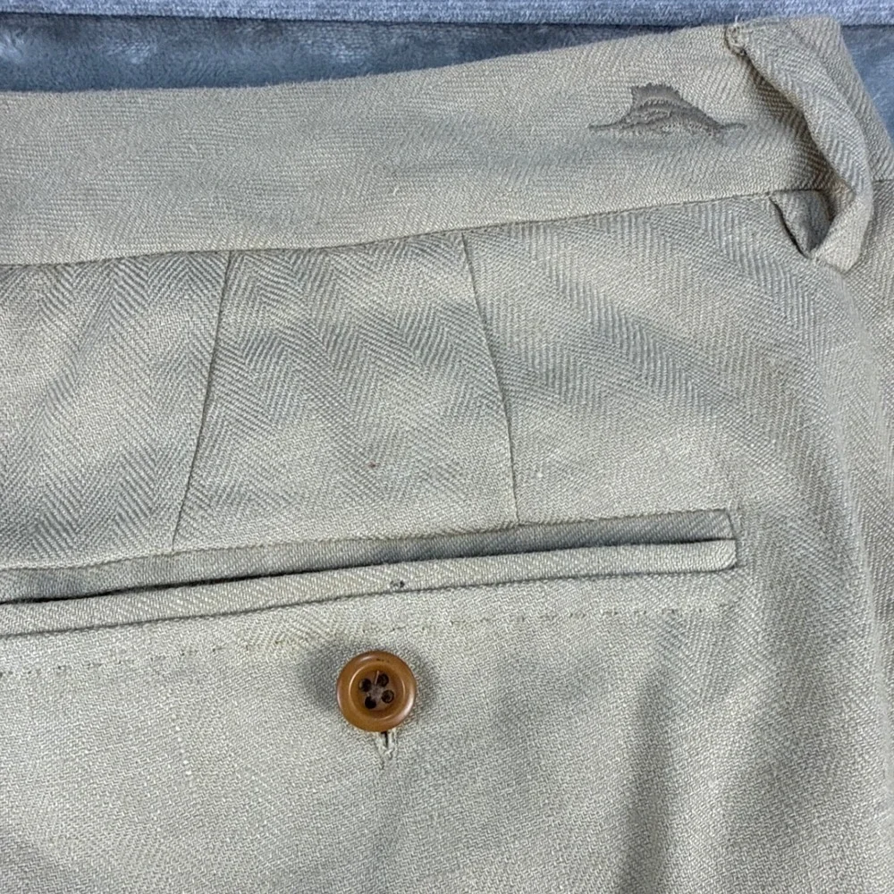 Tommy Bahama Linen Pants Mens 38x30 Herringbone Khaki Flat Front EUC